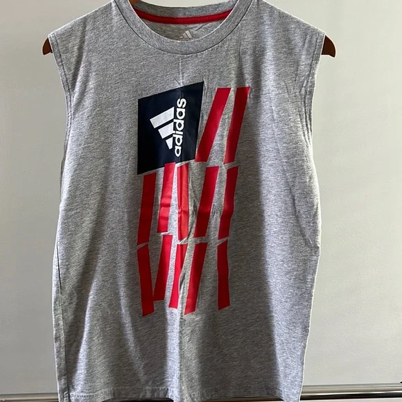 Adidas, boys XL (18/20), gray muscle shirt with red, white and blue print. - Picture 1 of 2
